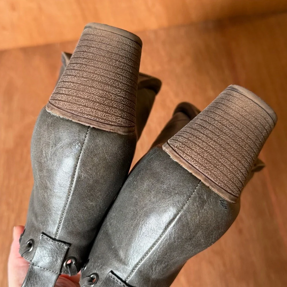 Mata Booties Women's Grey Faux‎ Leather Lace Up Block Heel Ankle Boots 9 boho